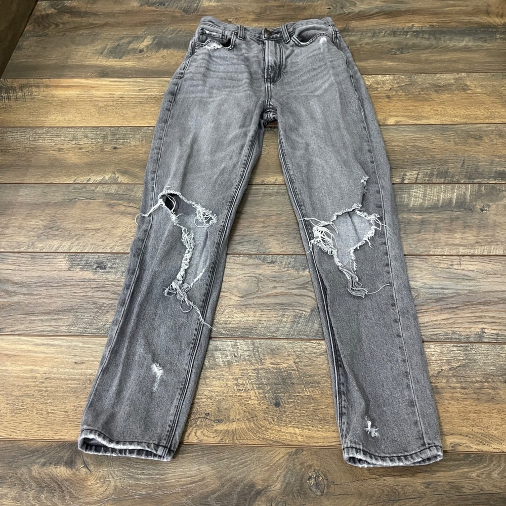 American Eagle Highest Rise Mom Jeans Washed Black Distressed Size 2 Long Grunge